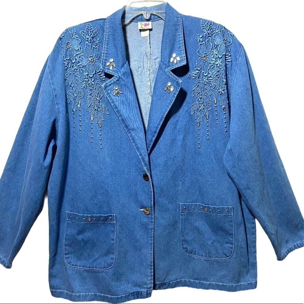 Cactus VINTAGE Country Western Denim Rodeo Festival Blazer Applique Bling USA